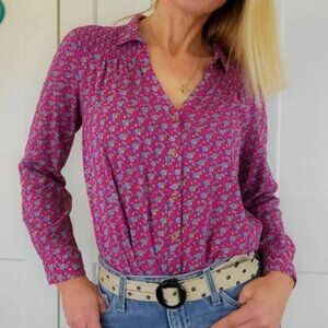 Maeve By Anthropologie Smock Shoulder 70s Button Down Purple Print Sz 4 OB754302